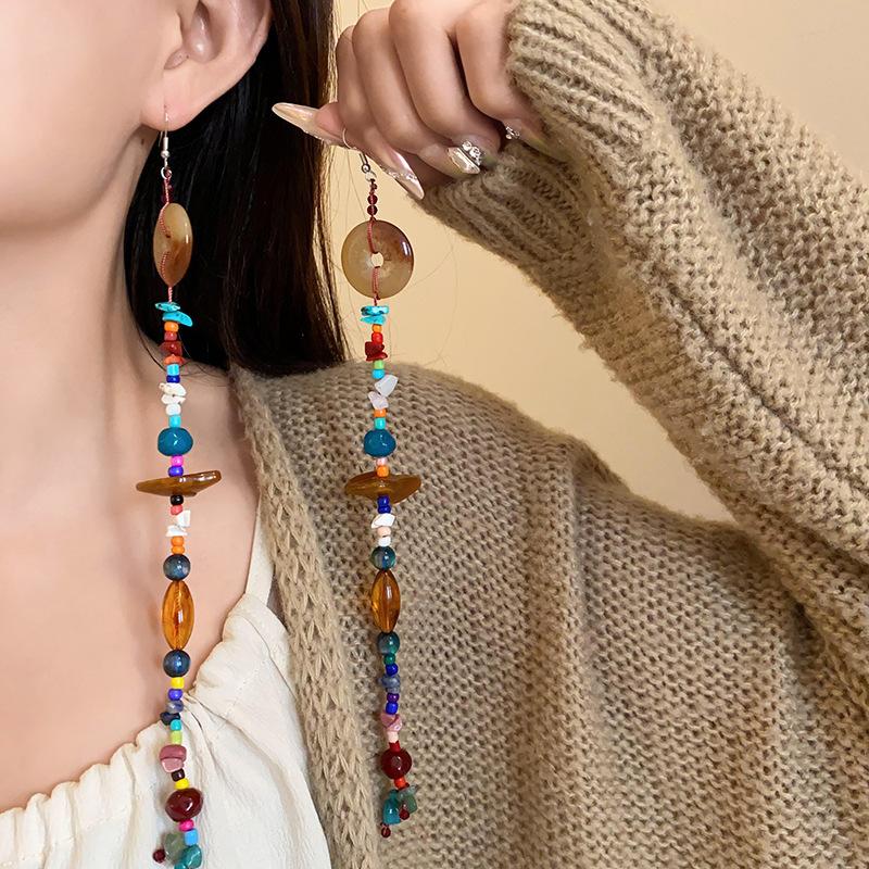 Bohemian water droplets crystal rice beads fringed ear hooks retro ethnic style earrings fashion vacation style earrings