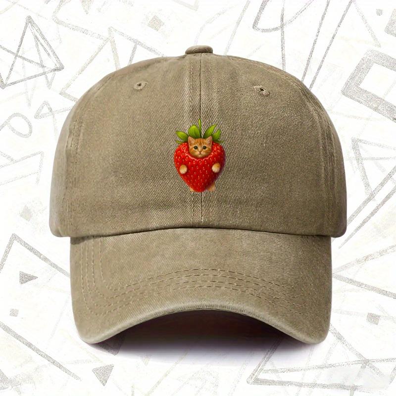 A Vintage Washed Hat Featuring a Strawberry Cat Design Suitable for Both Men And Women This Solid Baseball Cap Is Perfect Fo