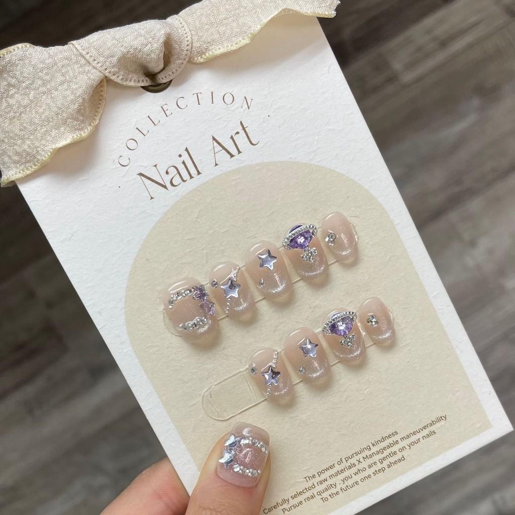 HANDMADE Square Round Artificial Nail Art Champagne Nude Cat'S Eye Pure Color Short Colorful Gentle Cream Rainbow Fake Nails Reusable