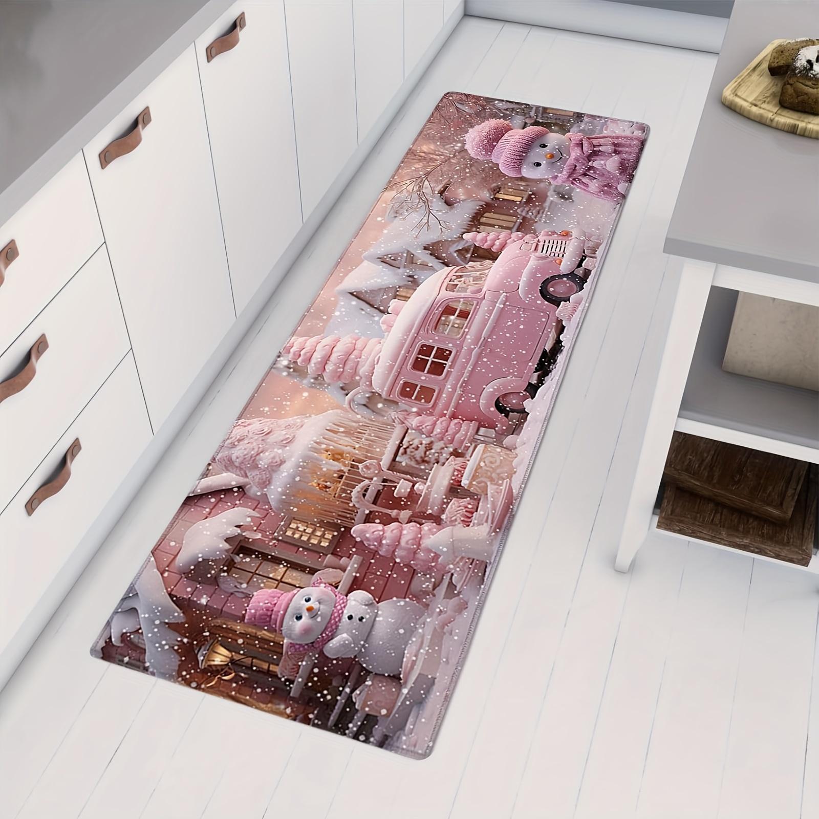 

Christmas Pink Snowman Snowflake Kitchen Floor Mat Decor Carpet for Living Room Bathroom Non-slip Floor Mat Christmas Decoration 40cm x 60cm