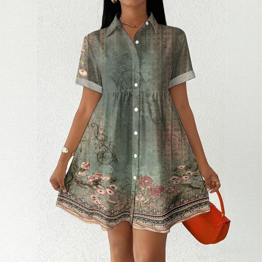 Women’s Casual Loose Fit Shirt Dress with Button Front Stand Collar Short Sleeve Patchwork Print Lightweight Design