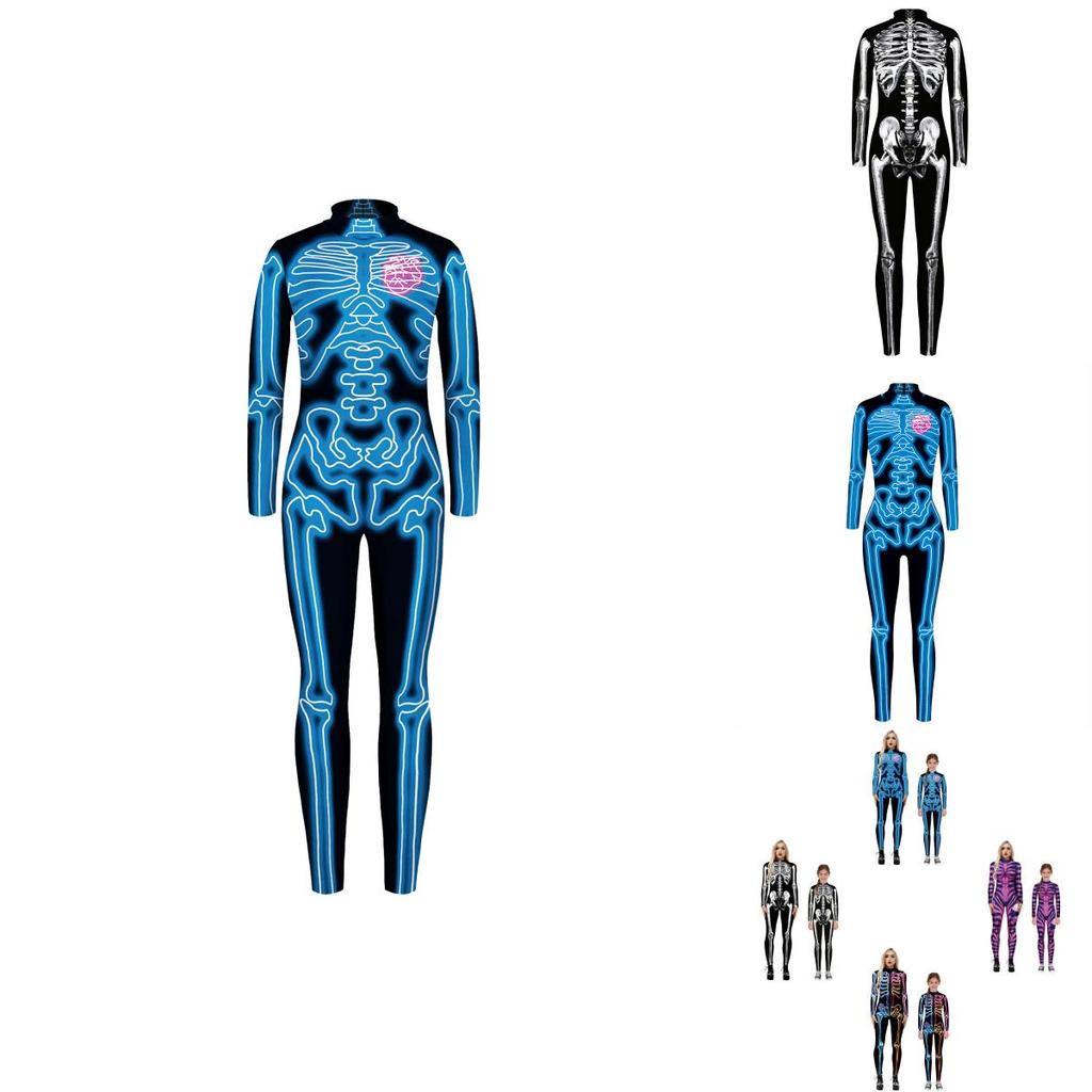 Spooky Skeleton Print Long-sleeved Jumpsuit Halloween Costume For Adults Kids