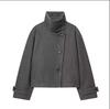 Women's Stand Collar Asymmetric Button Cropped Coat Solid Color Turn Cuff Patch Pockets Loose Fit Casual Outerwear