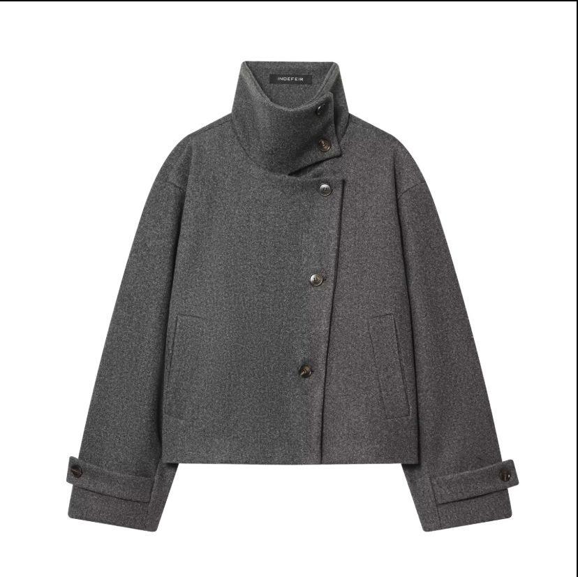 Women's Stand Collar Asymmetric Button Cropped Coat Solid Color Turn Cuff Patch Pockets Loose Fit Casual Outerwear