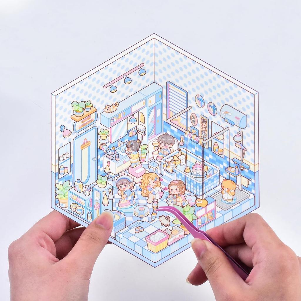 Set of 6 3D House Scene Stickers DIY Miniature House Craft Kit for Kids and Perfect for Killing Time (with tweezers) - Adults, (Style 3)
