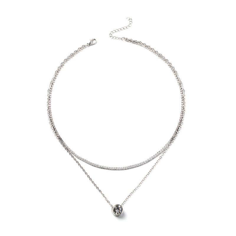New silver-plated flat snake chain crystal pendant necklace women's fashion versatile style double-layer sweater chain collarbone chain