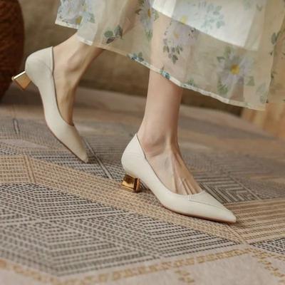 Fashion With Medium Heels Formal Sexy Pointed Toe Woman Footwear Block Heel Beige Shoes for Women Square L Spring Korean Style Lastest E