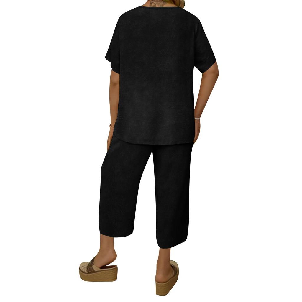 Women's 2,Piece Casual Color V Neck Short Sleeve Top And Wide Leg Pants Set