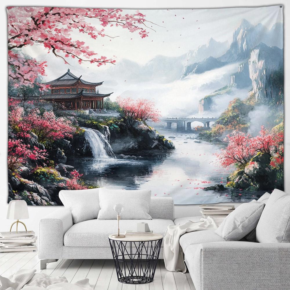 Asian Style Landscape Tapestry Nature Scenery Forest Waterfall Bedroom Living Room Home Wall Hanging Decor Natural Tapestry
