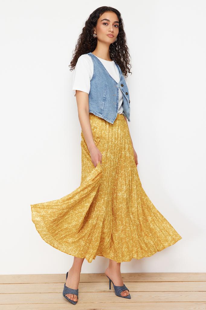 Women's Fashion New Hijab Skirt Powder Flower Patterned Pleated Elastic Waist Woven Skirt
