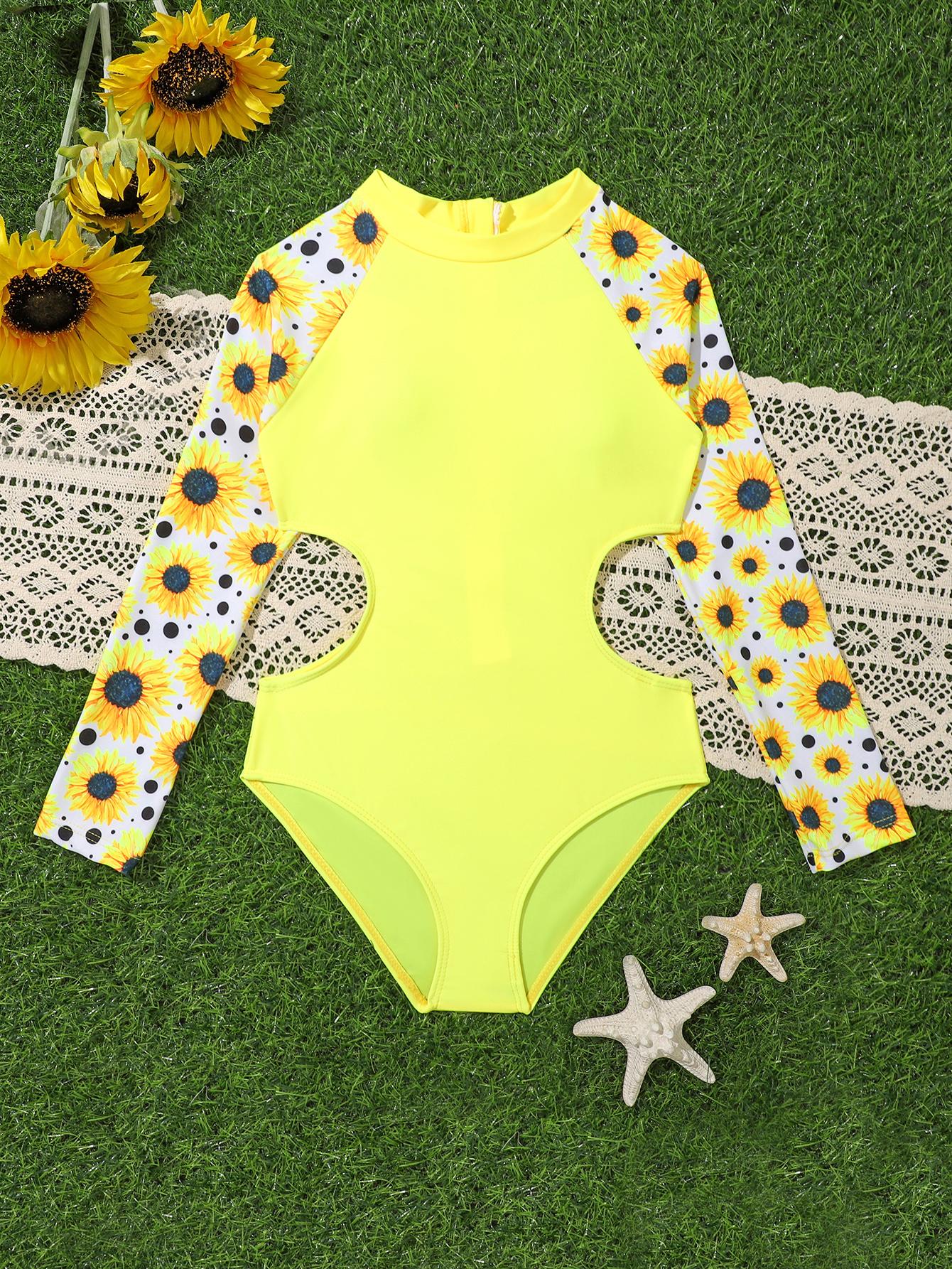 

Детский купальник для девочек с длинным рукавом и принтом на молнии, купальный костюм, боди, пляжная одежда 130 жёлтый