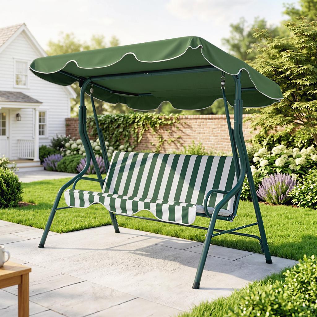3 Seater Garden Swing Seat Chair Outdoor Bench with Adjustable Canopy and Metal Frame, Green Stripes