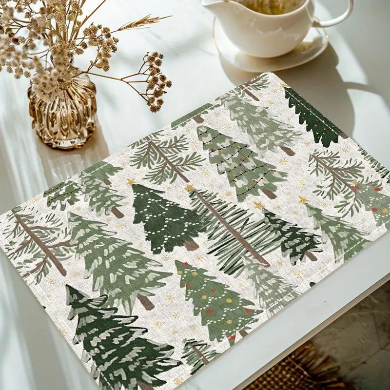 Christmas Linen Placemat Table Coffee Mat Poinsettia Pine Tree Snowflake Cone Merry Christmas Beige Red Green Elegant Decorative