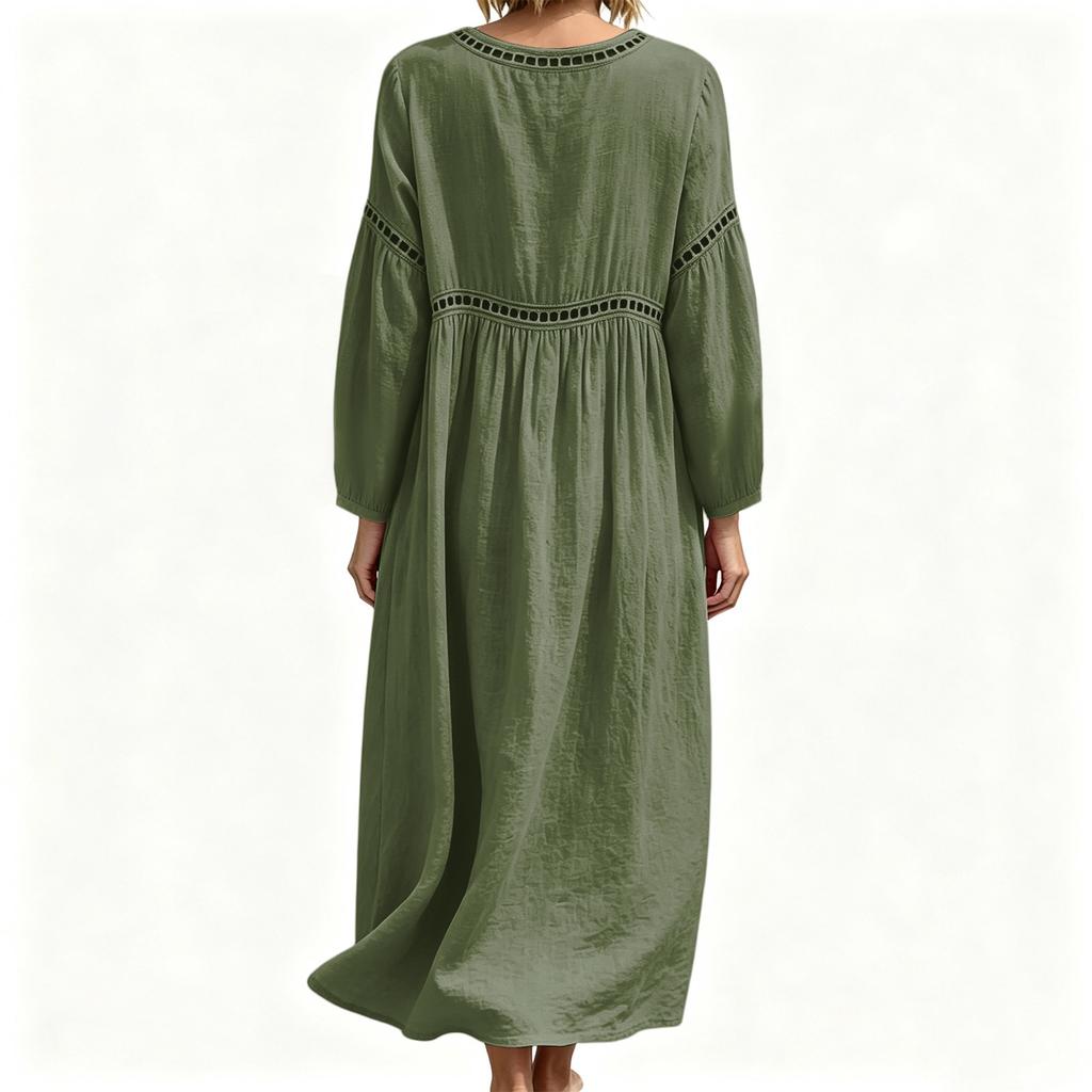 Fashionable Lady's V-neck Mid-length Casual Long-sleeved Dress