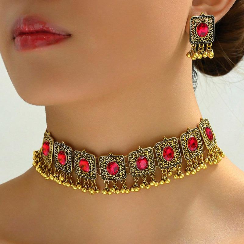 Seturi de bijuterii etnice vintage pătrate cu piatră de cristal pentru femei, colier, cercei, seturi Dubai africane, ținute, accesorii de petrecere