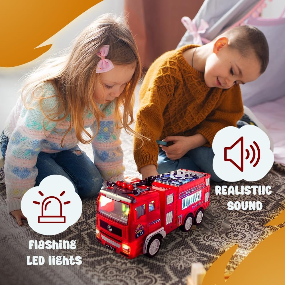 Zetz Brands Electric Fire Truck Toy for Kids - Bright Flashing 4D Lights and Realistic Siren with Sounds  Bump and Go Fire Truck for Boys  Auto