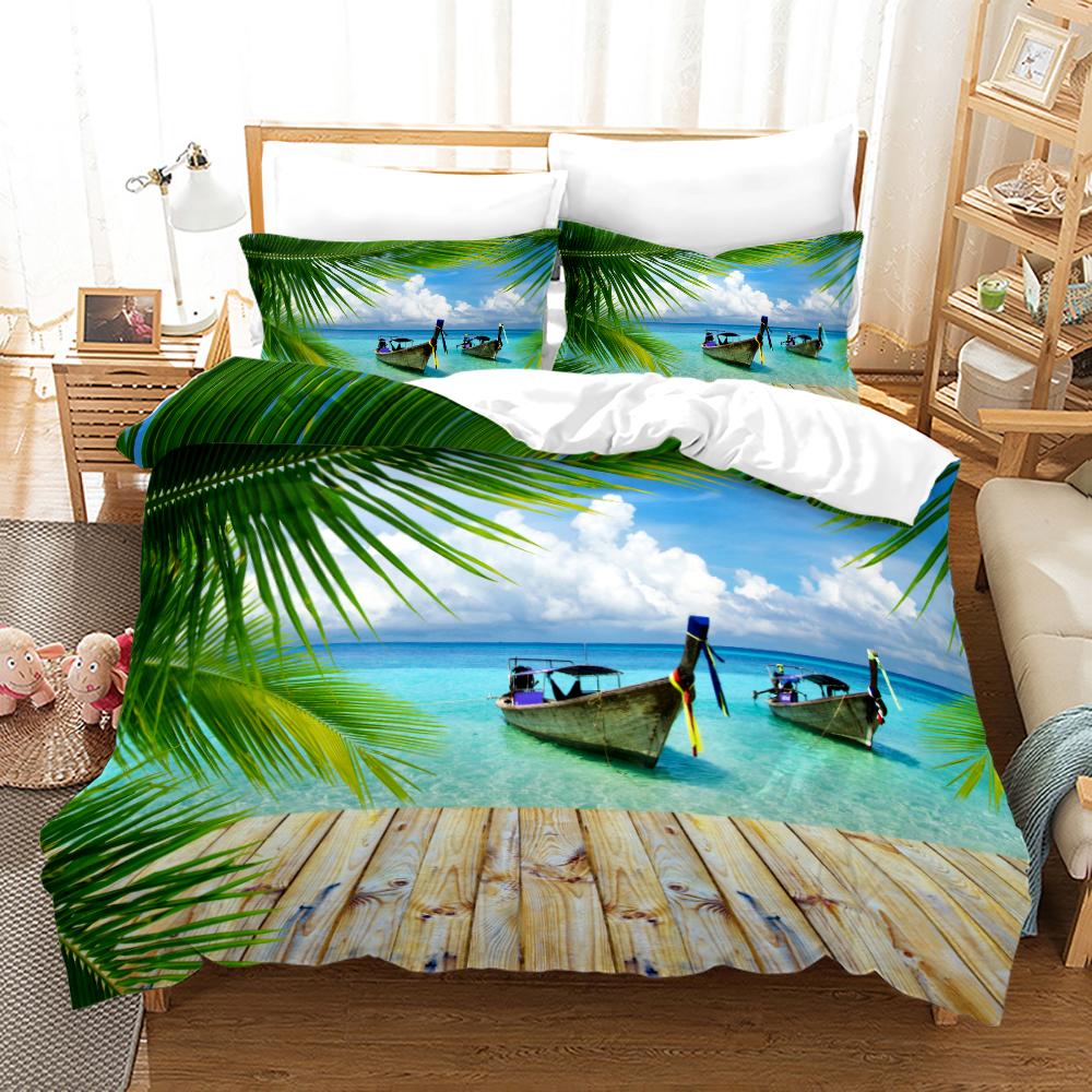Tropical Landscape Polyester Duvet Cover Sets King Full With Pillowcase Coconut Trees Sea Sunset Natural View Large Sun Pattern