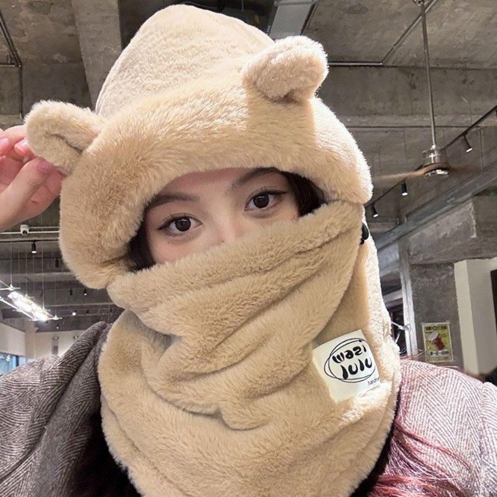 Plush Mask Woolen Hat 4 in 1 Cold Proof Scarf Fashion Winter Integrated Scarf Cap  Cycling