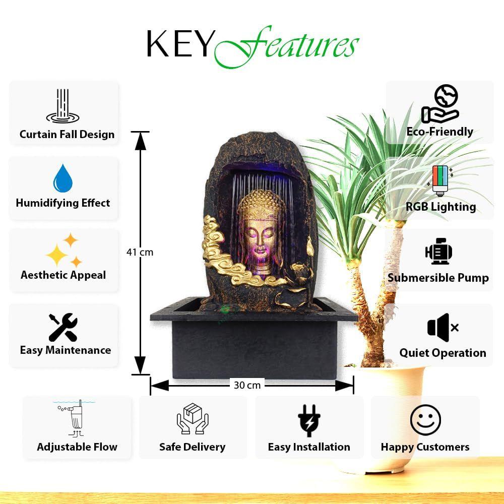 Fântână de Apă de Masă Gufa Buddha cu Lumină LED RGB pentru Decor Acasă/Birou/Cadou/Cadou de Casă Nouă/Cadou de Nuntă (Piatră Maro)