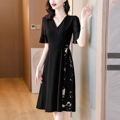 Vestido Midi Patchwork Estampado para o Trabalho Roupa Feminina Cintura A-Line Faixas Versátil Verão Manga Curta Elegante Vestidos Decote V