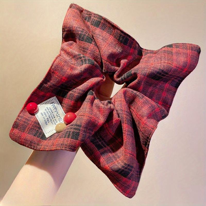 1pcs College Style Red Checkered Square Scarf with Large Intestine Headband, Women's Meatball Head Low Ponytail Square Headband Accessory.