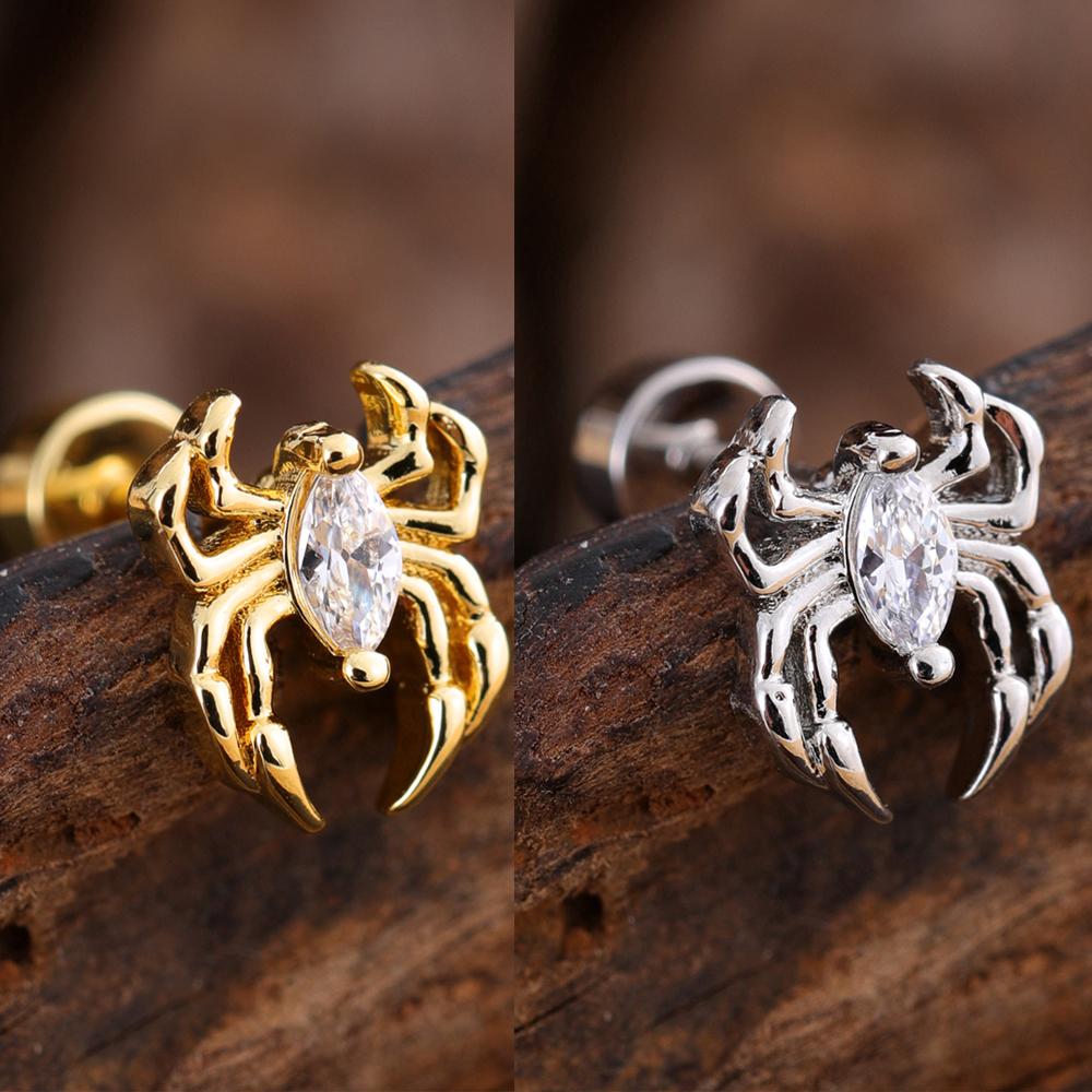 10Pcs/Set 20G Gold Cartilage Earring CZ Tragus Earring Bear Spider Design Helix Stud Rings Conch Ear 316L Steel Piercing Jewelry