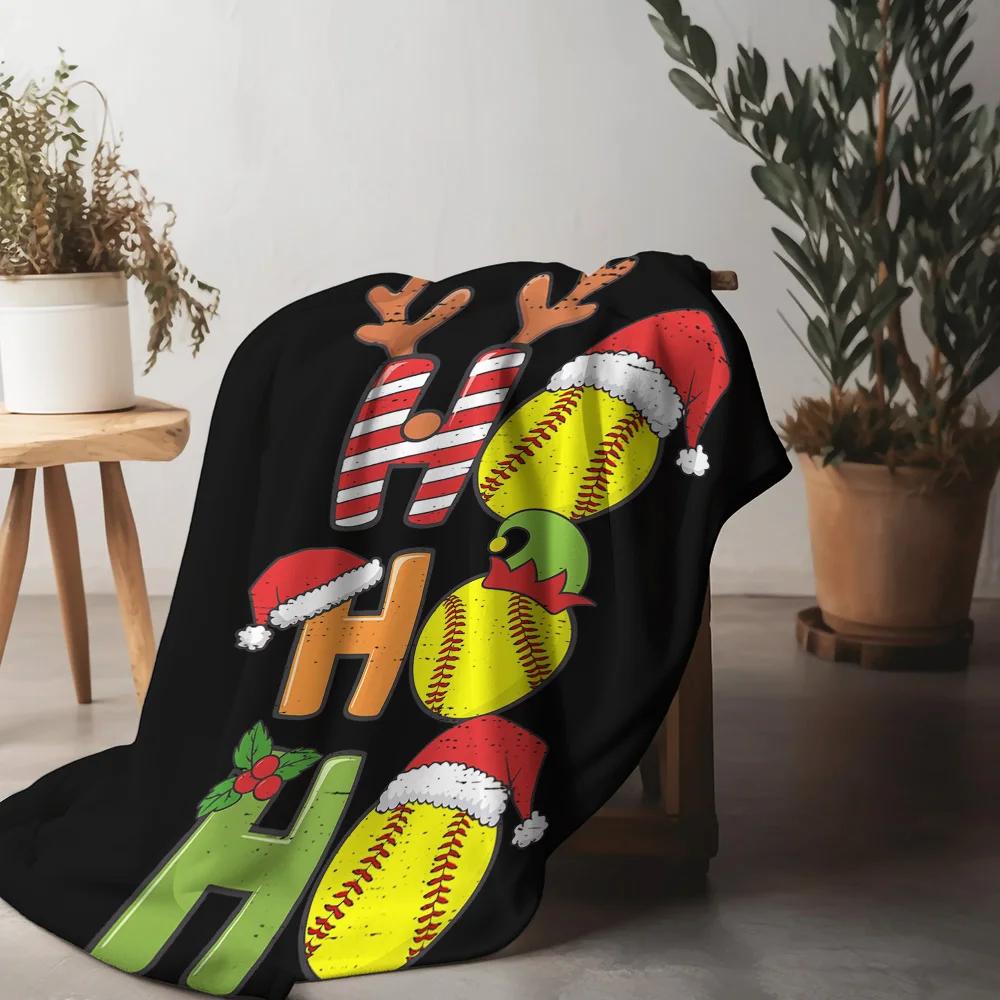 HO HO HO Christmas Fleece Blanket, Colorful Letters with Santa Hat Softballs, Fun Festive Throw for Holiday Sofa Decor