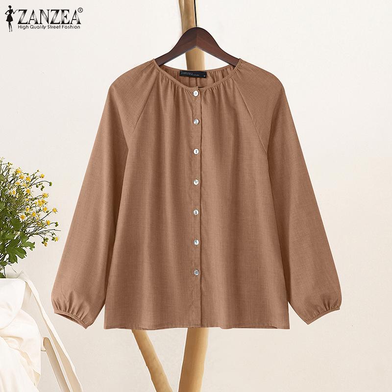 ZANZEA Women Casual Round Neck Solid Color Loose Long Sleeve Blouse