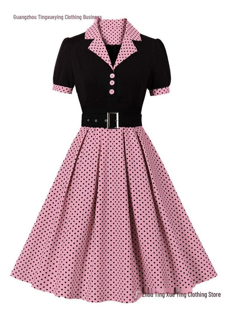 Stippen Revers Korte Mouwen Met Riem Afslankende Jurk voor Dames - Lente/Zomer Mode