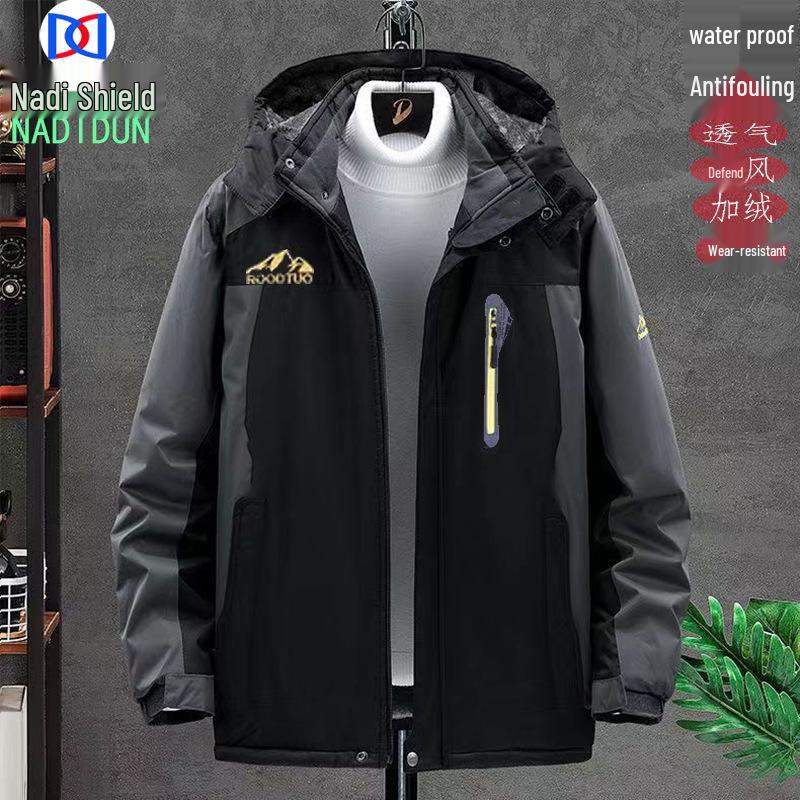 

Мужская водонепроницаемая зимняя рабочая куртка на флисовой подкладке - Ветрозащитная, Большого размера, С принтом логотипа 5XL чёрный