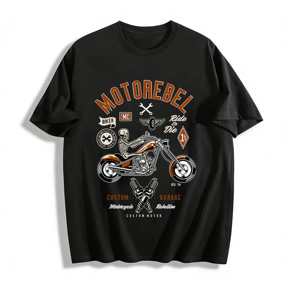 Motorebel Skeleton Biker Graphic Tee Custom Garage Motorcycle Shirt Pure cotton T-shirt XXS