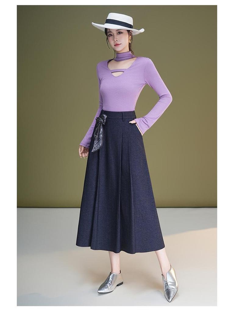 Autumn Silk Scarf Bow A-Line Pleated Skirt for Women