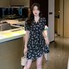 French Floral Chiffon V-neck Dress Women's Summer Small Man Tall Waist Thin Ruffle Edge Printed Short Skirt