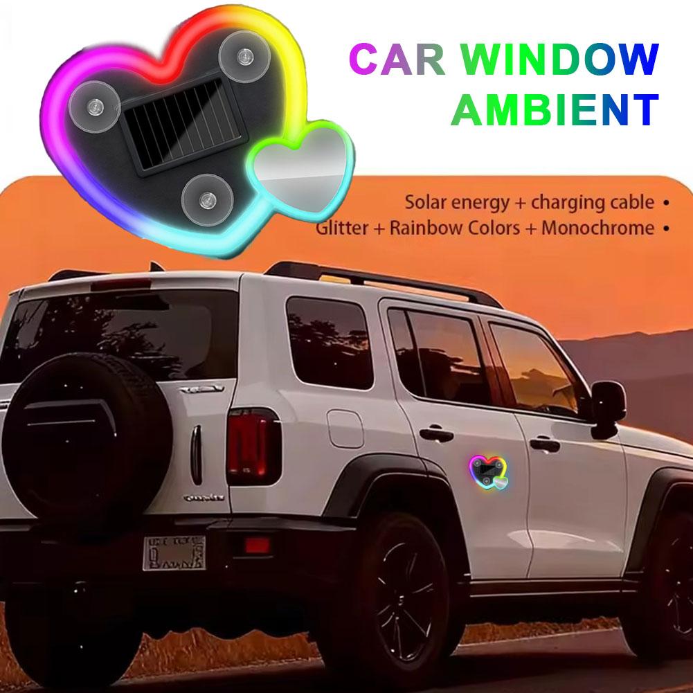 Süßes herzförmiges LED-Umgebungslicht, solarbetrieben, Auto-Neonlicht, kabellos, Saugnapf, USB-wiederaufladbar, Atmosphärische Atemtiefenlampe