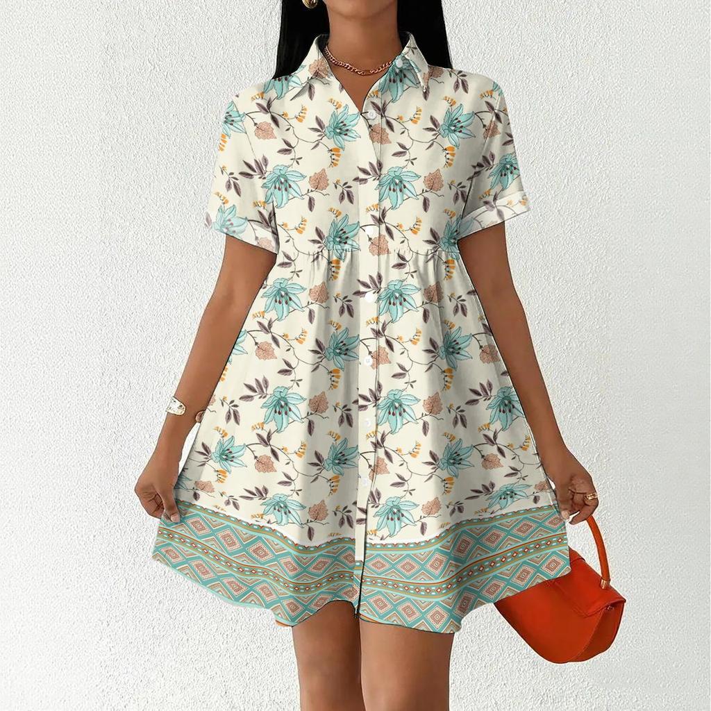Women's Casual Loose Fit Shirt Dress Button Front Short Sleeve Collar Dress with Floral Print and Border Pattern Suitable for Daily Wear