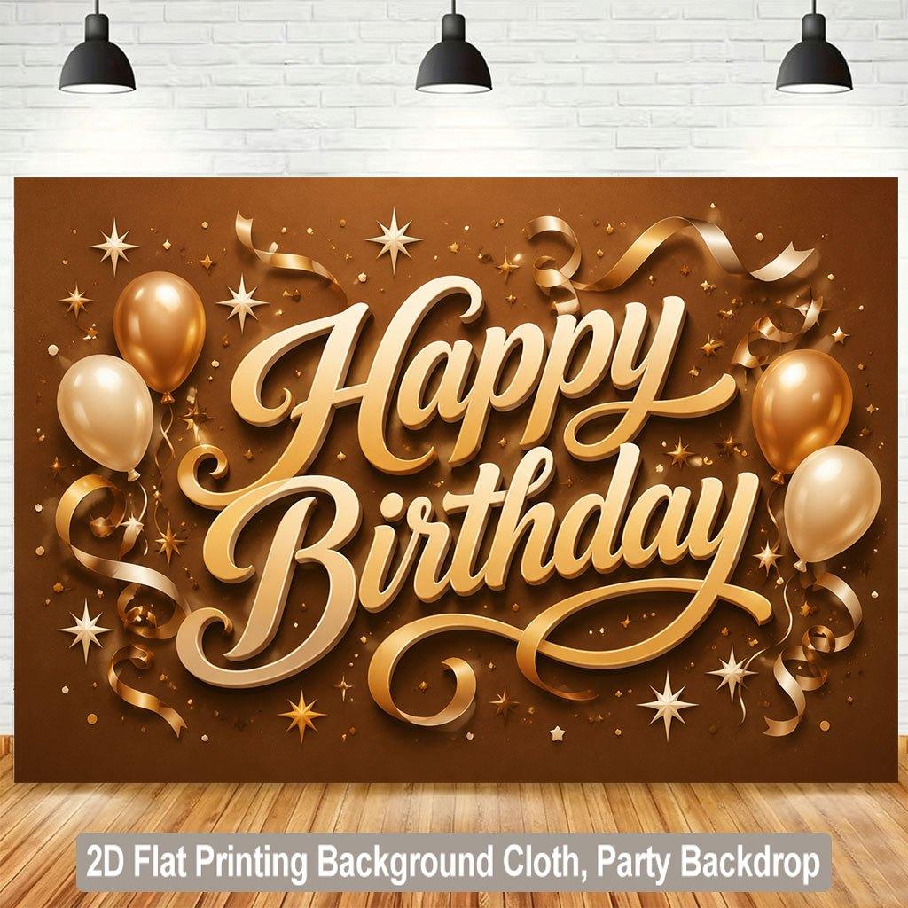 2D Flat Backdrop1pc Happy Birthday Gold Theme Design Backdrop Banner Polyester Wall Decor For Living Room Bedroom Office Outdoor Decor