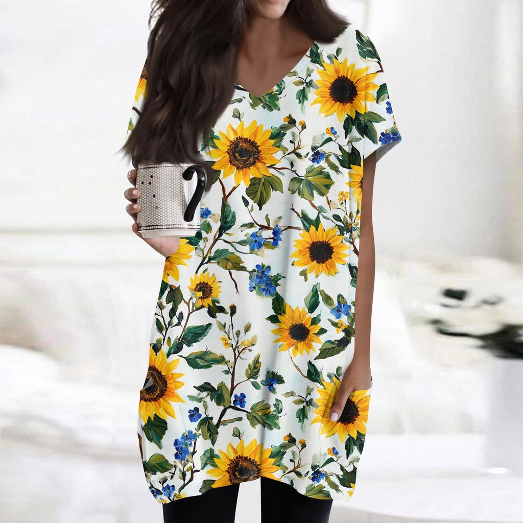 Damen Retro Blumen- und Blätterdruck V-Ausschnitt Midi Tasche Kurzarm Top