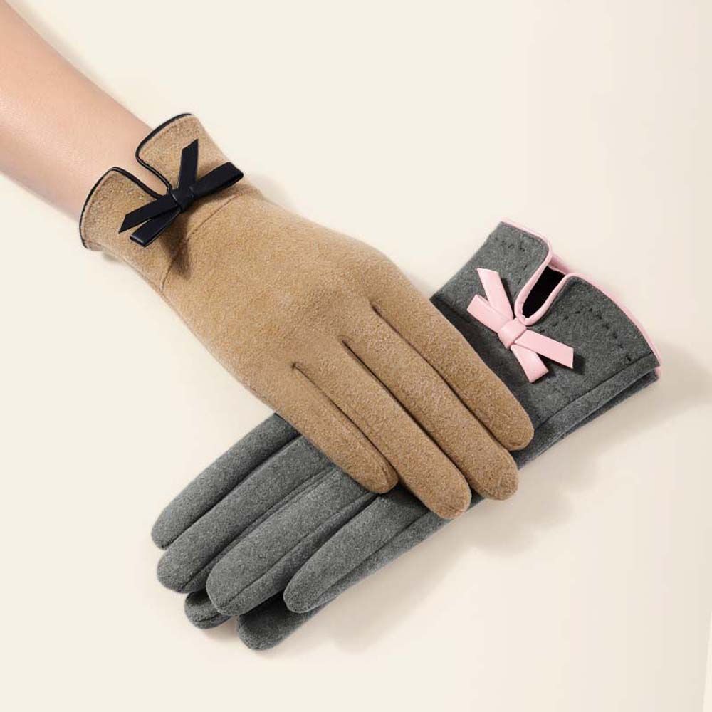 Bowknot Five Fingers Plus Thick Women Finger Gloves Non-slip Gloves Women Winter Gloves Windproof