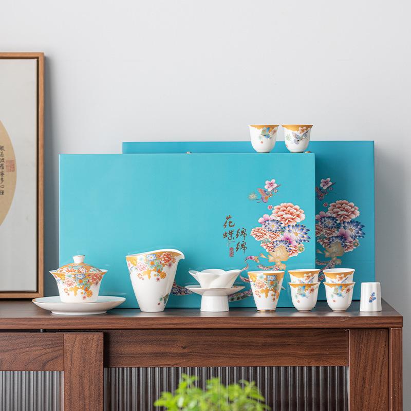

Flowering brocade high-end tea set gift box boutique retro Guochao cover bowl teacup business gift