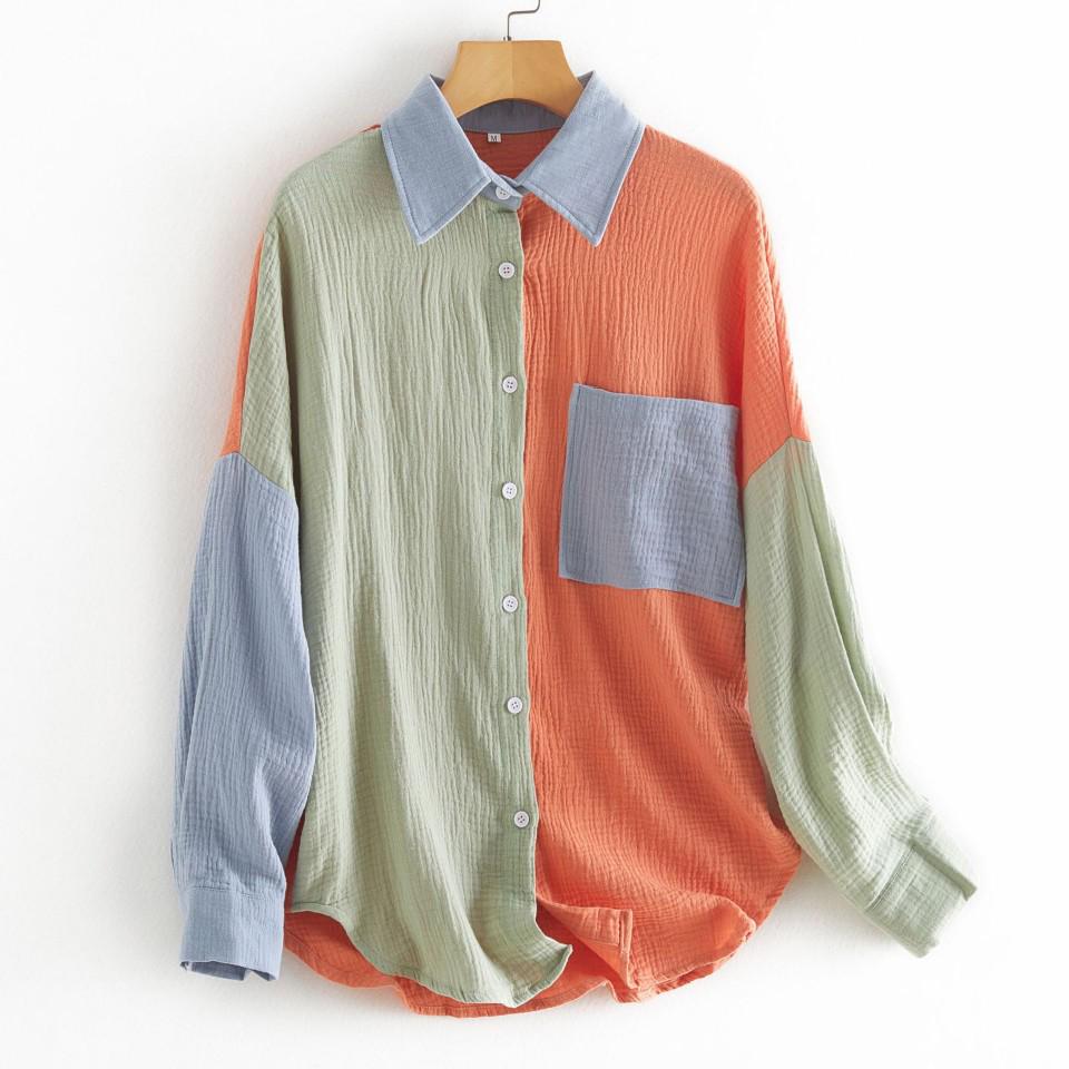 Women's Cotton Linen Color Block Loose Fit Long-sleeved Shirt - Elegant Drop Shoulder Design