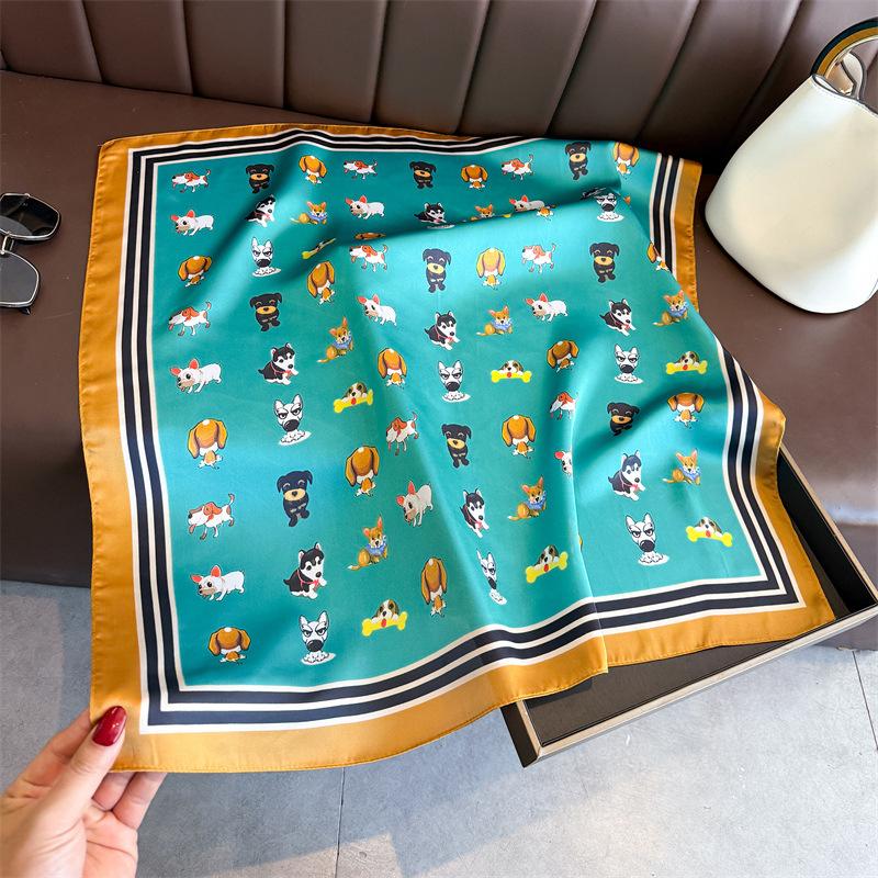 Cute Dog High-end Small Square Scarf Square Scarf Silk Scarf Simulation Silk Printing Atmosphere Shawl Neck Headscarf Scarf Women's Sun Protection