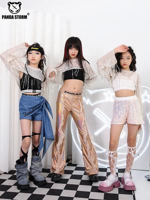 Girls' Sequin Tassel Jazz Dance Outfit - Mesh Long Sleeve & Pants Set for Street & Performance