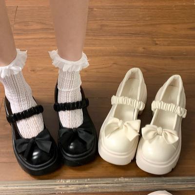 22 dicksohlige Mary Jane kleine Lederschuhe Frühling und Sommer Französische High-Heel Muffin-Absatz dicker Absatz Schleife einzelne Schuhe