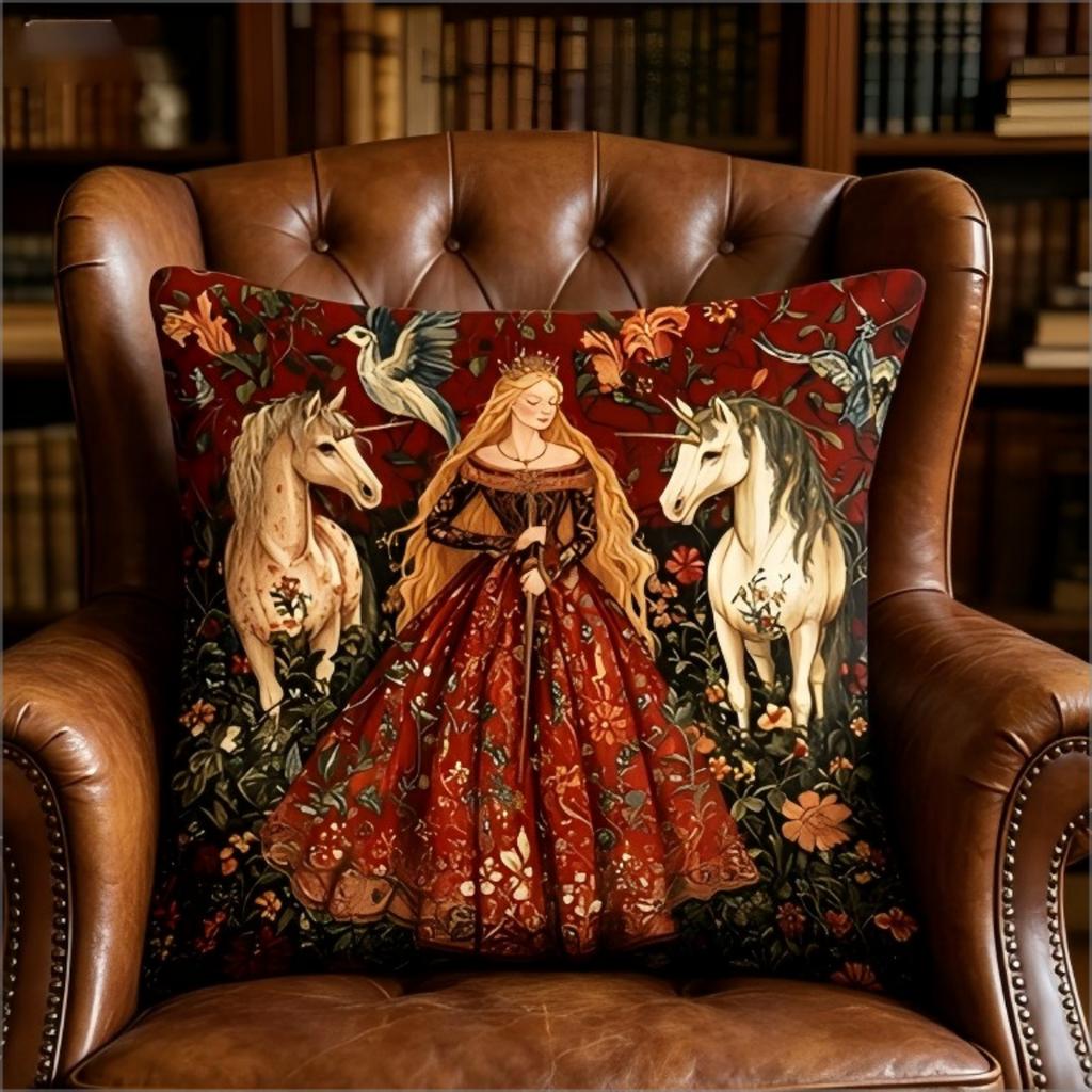 Medieval Princess & Unicorn Throw Pillow Cover, Vintage Floral Gothic Fairy Tale Decorative Cushion For Living Room Bedroom