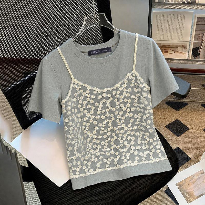 

ZANZEA Women Casual Round Neck Patchwork Summer Short Sleeve T-shirts XL сірий колір