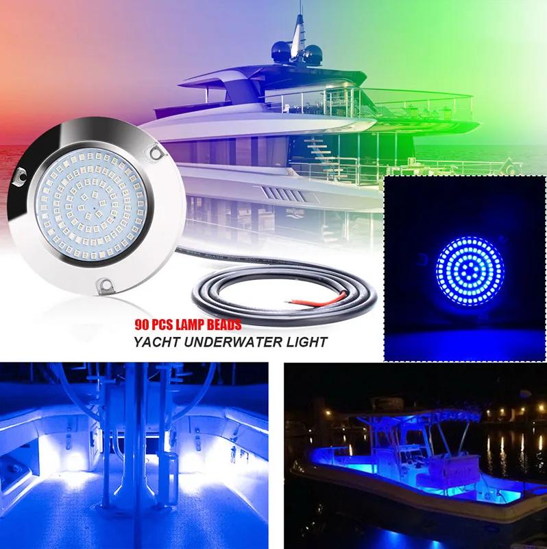 2PCS 90LED Round Chrome Marine LED Yacht Light Underwater Light Super Bright Stainless Pontoon Waterproof Boat Marine Lights