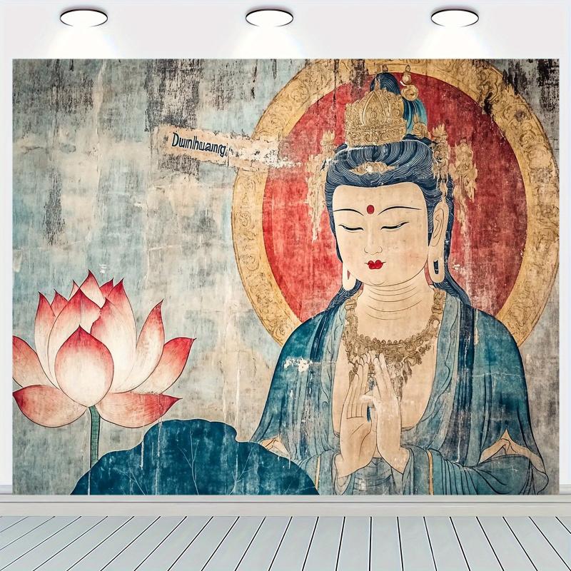 VIKAMA Dunhuang Wind Guanyin Bodhisattva Tapestry Vintage Mural Lotus Living Room Background Wall Room Decoration