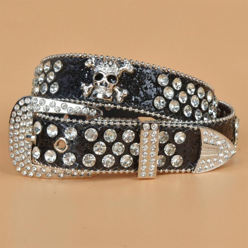 Steampunk Rhinestone Belt Women Waist Belt Western Cowgirl Skull Studded PU Leather Belt for Teenager Girl Female Male