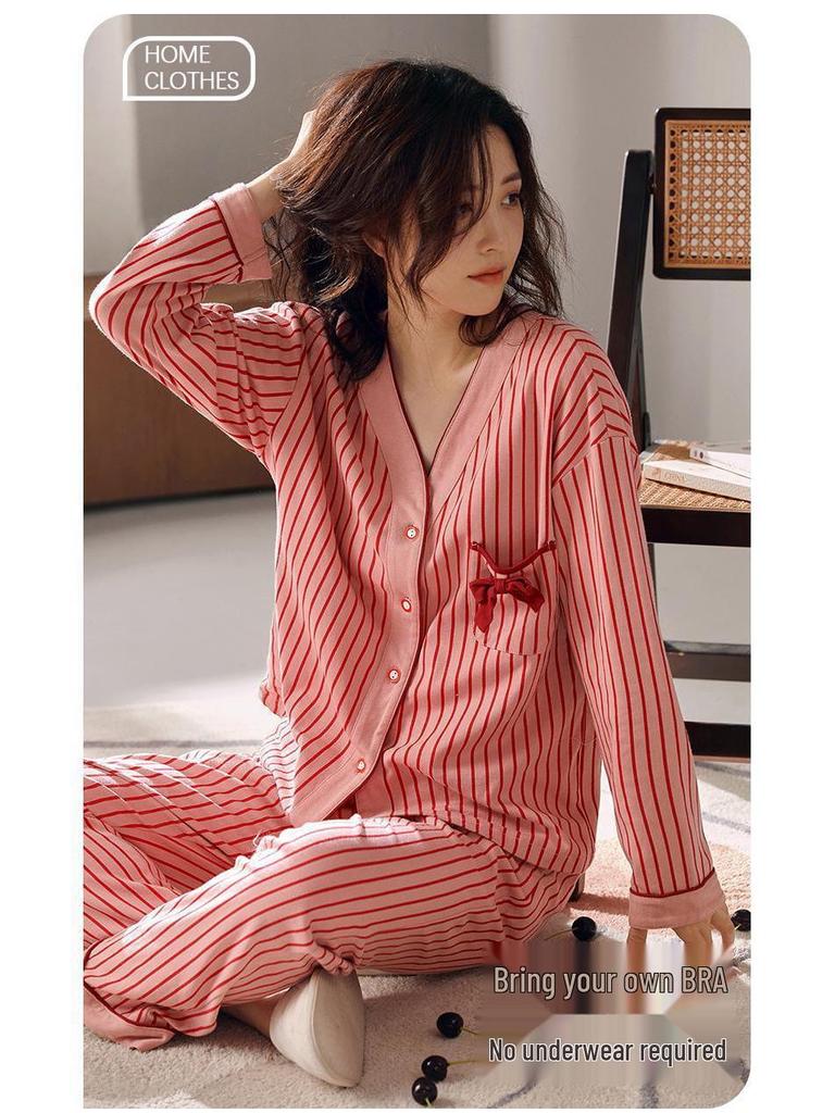 Women's Plus Size Striped Pajama Set with Chest Pads - Long Sleeve & Pants, Korean Style Cardigan for Indoor & Outdoor Wear, Spring/Autumn