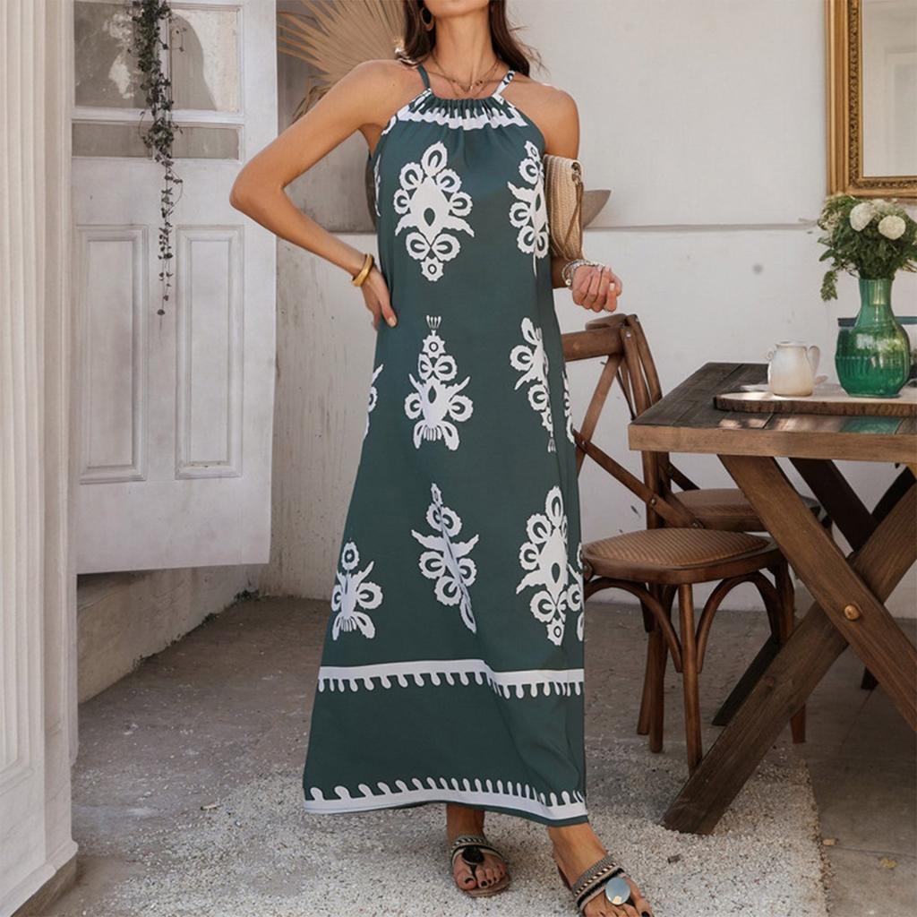 Women's Casual Spring And Summer Loose Printed Contrast Color  Neck Sleeveless Dress